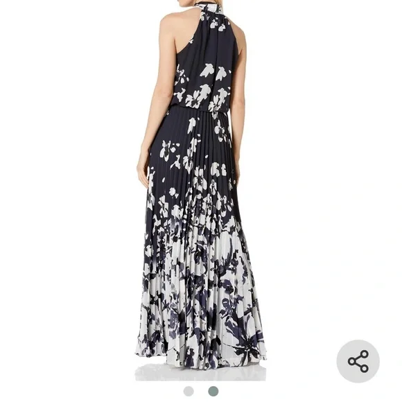 Aqua Dresses Navy White Floral Pleated Halter Maxi Dress Size 12 - Picture 2 of 5